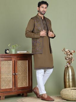 Jompers - Men Embroidered Olive Kurta with Pyjama and Nehru Jacket