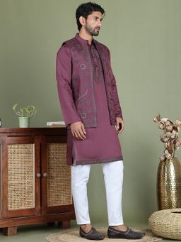 Jompers - Men Embroidered Purple Kurta with Pyjama and Nehru Jacket