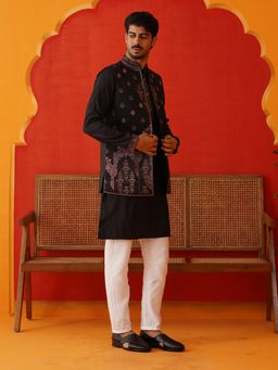Jompers - Embroidered Black Kurta with Pyjama and Nehru Jacket