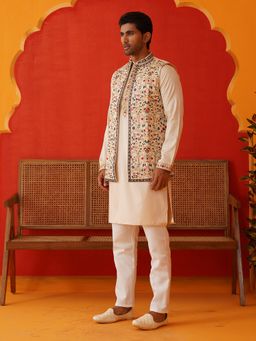 Jompers - Embroidered Cream Kurta with Pyjama and Nehru Jacket