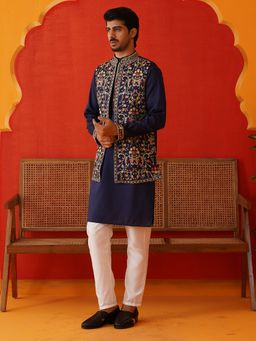 Jompers - Embroidered Blue Kurta with Pyjama and Nehru Jacket