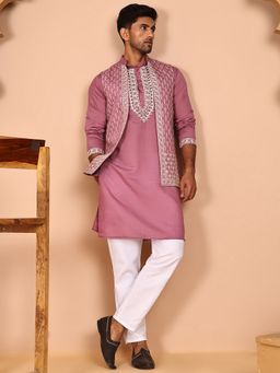 Jompers - Classic Embroidered Magenta Kurta with Pyjama and Nehru Jacket