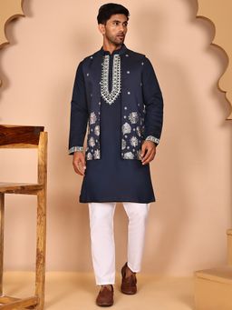 Jompers - Embroidered Navy Blue Kurta with Pyjama and Nehru Jacket