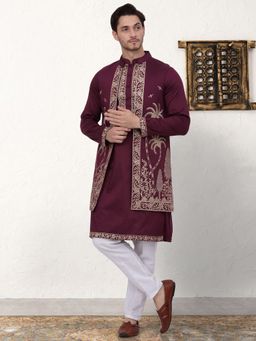 Jompers - Men Embroidered Purple Kurta with Pyjama and Nehru Jacket