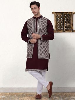 Jompers - Men Embroidered Purple Kurta with Pyjama and Nehru Jacket