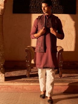 Jompers - Embroidered Purple Kurta with Pyjama and Nehru Jacket