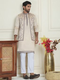 Jompers - Embroidered Cream Kurta with Pyjama and Nehru Jacket