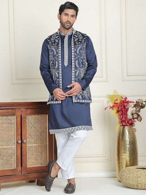 Jompers Embroidered Blue Kurta with Pyjama and Nehru Jacket
