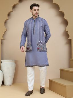 Jompers - Embroidered Purple Kurta with Pyjama and Nehru Jacket
