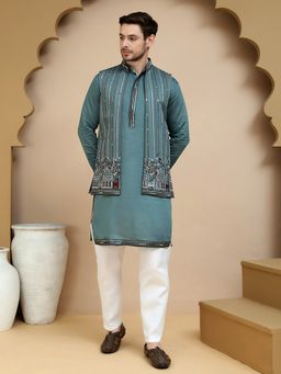 Jompers - Embroidered Blue Kurta with Pyjama and Nehru Jacket