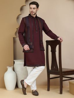 Jompers - Embroidered Maroon Kurta with Pyjama and Nehru Jacket