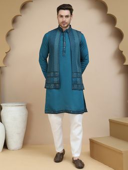 Jompers - Embroidered Blue Kurta with Pyjama and Nehru Jacket