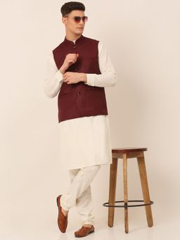 Jompers - Men Solid White Kurta with Pyjama and Nehru Jacket