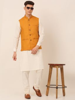 Jompers - Men Solid White Kurta with Pyjama and Nehru Jacket
