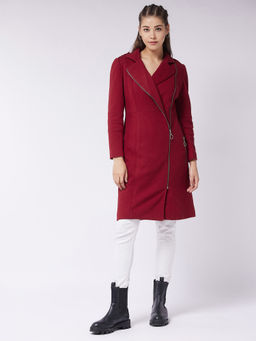 Miss Chase - Women's Maroon Notch Collar Full Sleeve Double Breasted Knee Length Jacket