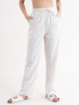 FABLE STREET - Linen Striped Drawstring Trousers - White