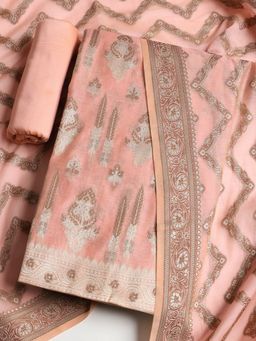 MEENA BAZAAR - Women Pink Chanderi Floral Unstitched Kurta with Pant and Dupatta