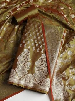 MEENA BAZAAR - Women Chanderi Green Floral Unstitched Kurta with Pant and Dupatta