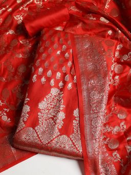 MEENA BAZAAR - Women Chanderi Red Floral Unstitched Kurta with Pant and Dupatta