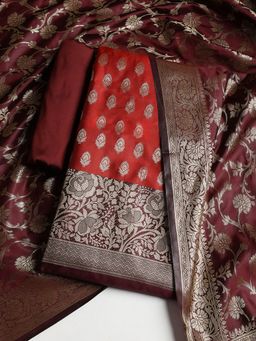 MEENA BAZAAR - Women Chanderi Maroon Floral Unstitched Kurta with Pant and Dupatta