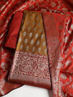 MEENA BAZAAR - Women Chanderi Mustard Floral Unstitched Kurta with Pant and Dupatta