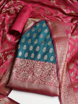 MEENA BAZAAR - Women Chanderi Blue Floral Unstitched Kurta with Pant and Dupatta