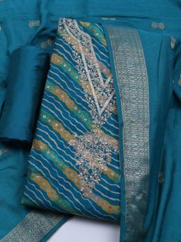 MEENA BAZAAR - Women Cotton Blue Embroidered Unstitched Kurta with Pant and Dupatta