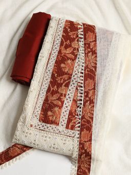 MEENA BAZAAR - Women Cotton Maroon Embroidered Unstitched Kurta with Pant and Dupatta