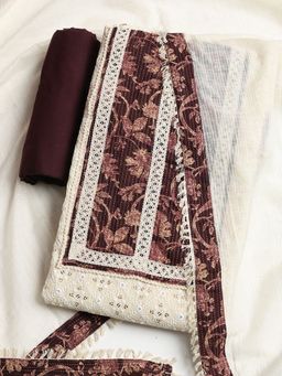 MEENA BAZAAR - Women Cotton Wine Embroidered Unstitched Kurta with Pant and Dupatta