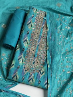 MEENA BAZAAR - Women Embroidered Cotton Blue Unstitched Kurta with Pant and Dupatta