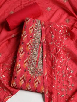 MEENA BAZAAR - Women Cotton Pink Embroidered Unstitched Kurta with Pant and Dupatta