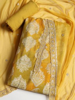 MEENA BAZAAR - Women Muslin Yellow Embroidered Unstitched Kurta with Pant and Dupatta