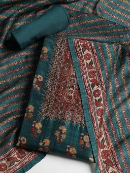 MEENA BAZAAR - Women Art Silk Blue Floral Unstitched Kurta with Pant and Dupatta