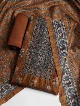 MEENA BAZAAR - Women Art Silk Mustard Floral Unstitched Kurta with Pant and Dupatta