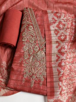 MEENA BAZAAR - Women Chanderi Red Embroidered Unstitched Kurta with Pant and Dupatta