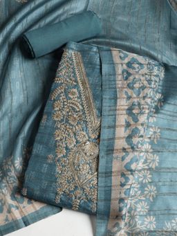 MEENA BAZAAR - Chanderi Blue Embroidered Unstitched Kurta with Pant and Dupatta