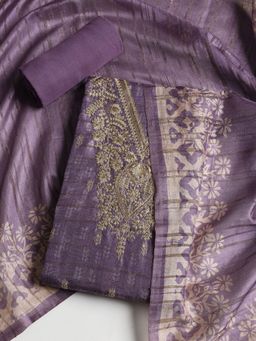 MEENA BAZAAR - Chanderi Purple Embroidered Unstitched Kurta with Pant and Dupatta