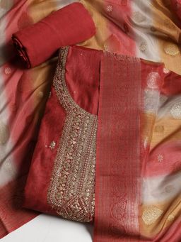 MEENA BAZAAR - Chanderi Maroon Embroidered Unstitched Kurta with Pant and Dupatta