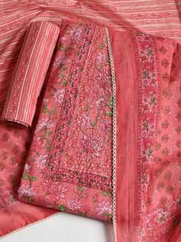 MEENA BAZAAR - Women Cotton Pink Floral Unstitched Kurta with Pant and Dupatta