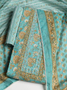 MEENA BAZAAR - Women Cotton Blue Floral Unstitched Kurta with Pant and Dupatta