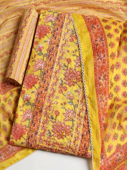 MEENA BAZAAR - Women Cotton Yellow Floral Unstitched Kurta with Pant and Dupatta