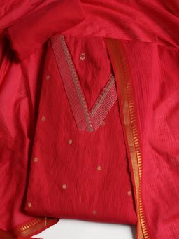 MEENA BAZAAR - Women Cotton Red Embroidered Unstitched Kurta with Pant and Dupatta