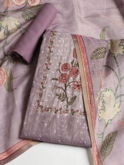 MEENA BAZAAR - Women Chanderi Lavender Floral Unstitched Kurta with Pant and Dupatta