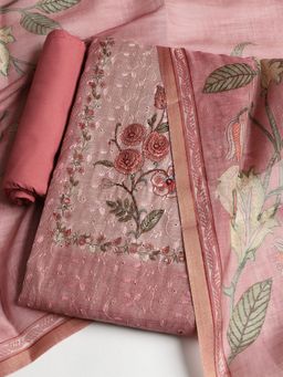 MEENA BAZAAR - Women Chanderi Pink Floral Unstitched Kurta with Pant and Dupatta