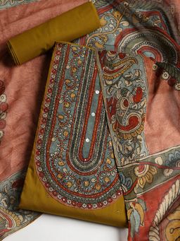 MEENA BAZAAR - Women Cotton Mustard Floral Unstitched Kurta with Pant and Dupatta