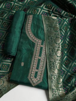 MEENA BAZAAR - Women Chanderi Green Embroidered Unstitched Kurta with Pant and Dupatta