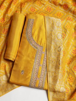 MEENA BAZAAR - Chanderi Mustard Embroidered Unstitched Kurta with Pant and Dupatta