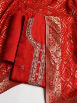 MEENA BAZAAR - Women Chanderi Red Embroidered Unstitched Kurta with Pant and Dupatta
