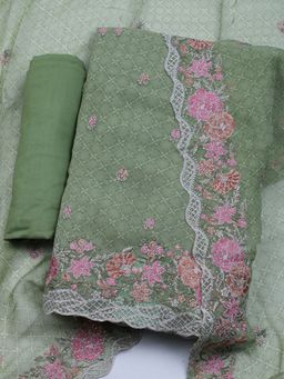 MEENA BAZAAR - Women Organza Green Floral Unstitched Kurta with Pant and Dupatta
