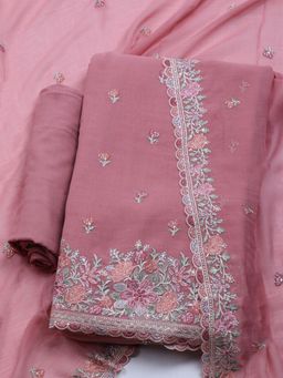 MEENA BAZAAR - Women Chiffon Pink Floral Unstitched Kurta with Pant and Dupatta